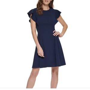 NWT DKNY Navy Blue, Scoop Neck, Flutter Sleeve, A-Line, Knee Length. 10